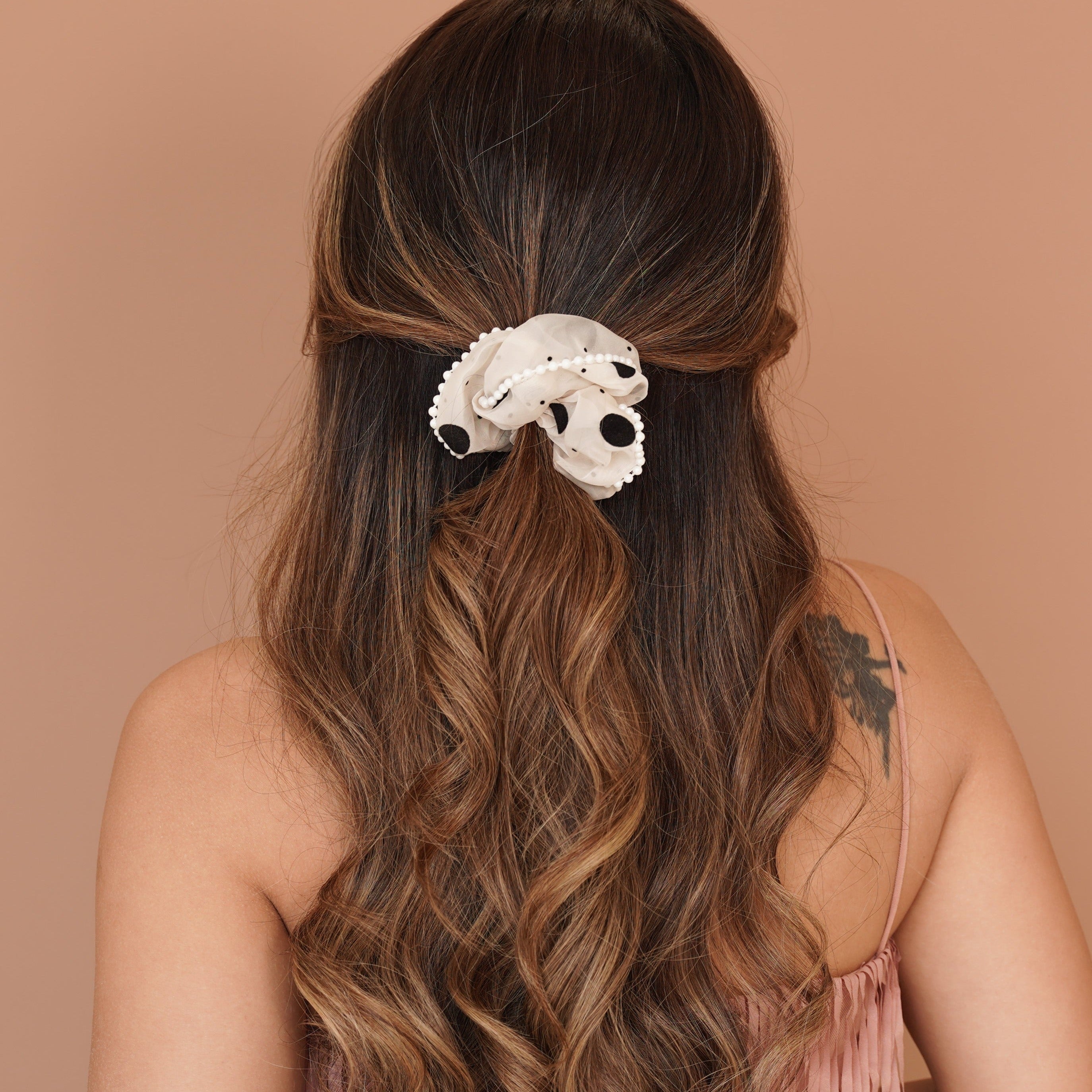 Pearl Studded Polka Dot Scrunchie