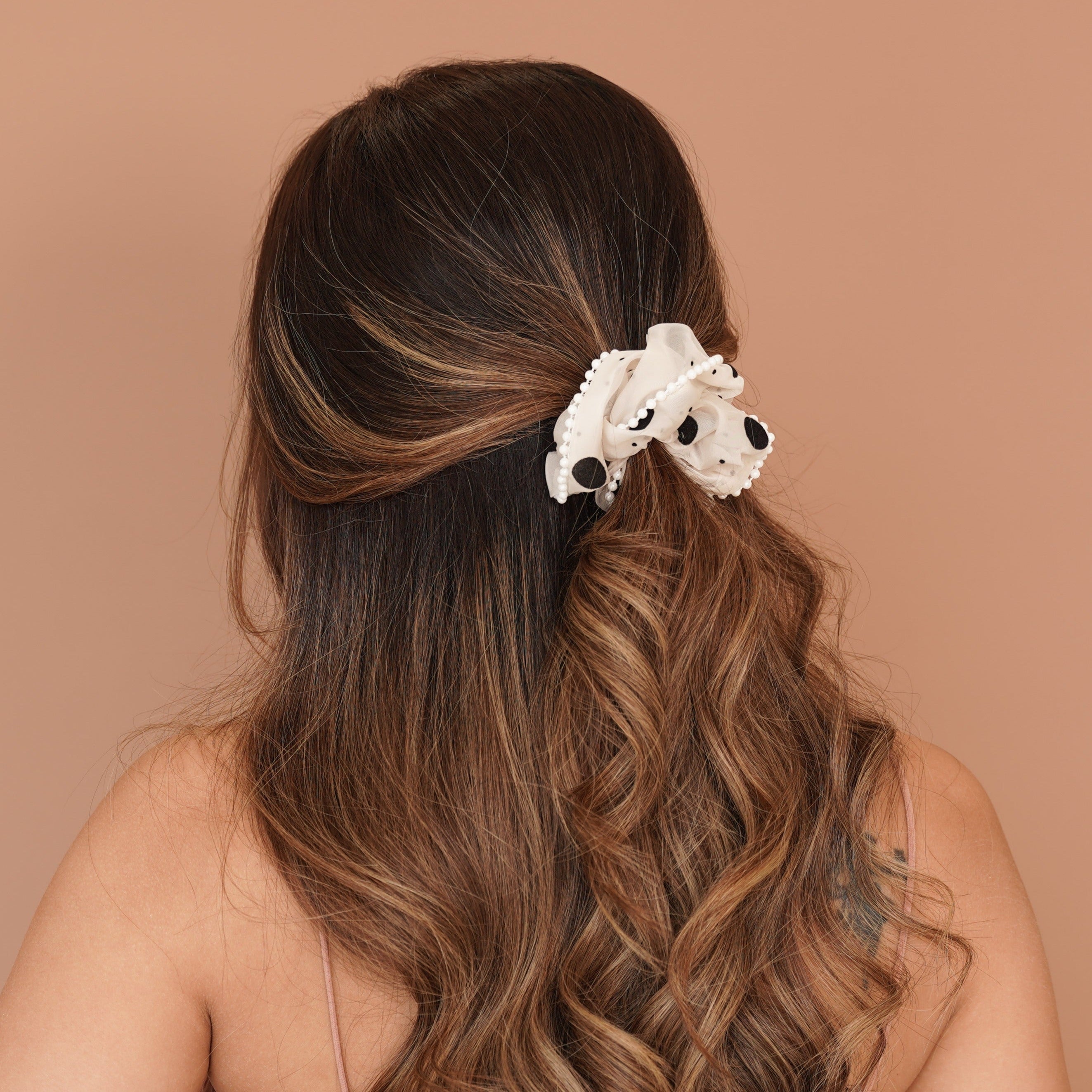 Pearl Studded Polka Dot Scrunchie